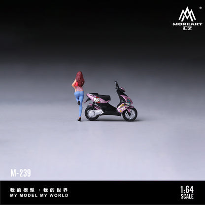 MoreArt 1:64 Hello Kitty Pink Motorcycle Heart Hand Sweet Girl Figure Set M-239 displayed from the rear, featuring a female figure walking beside a pink Hello Kitty scooter, designed for 1:64 scale diecast model car dioramas and miniature displays.