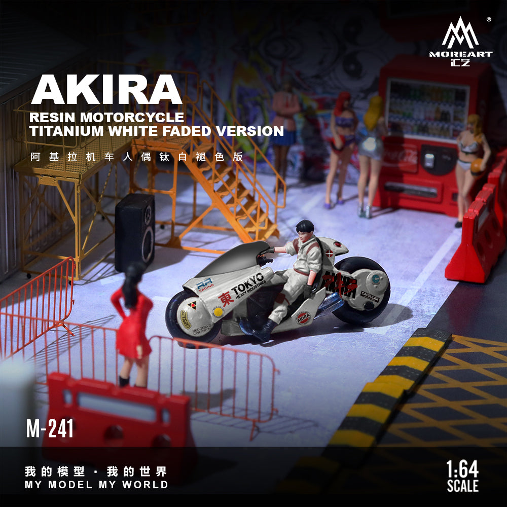 Model resin motorcycle with 'Akira' branding in a colorful setting