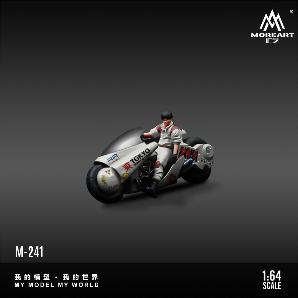 Model motorcycle with rider on a gray background, featuring the brand 'Moreart'.