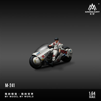 Model motorcycle with rider on a gray background, featuring the brand 'Moreart'.