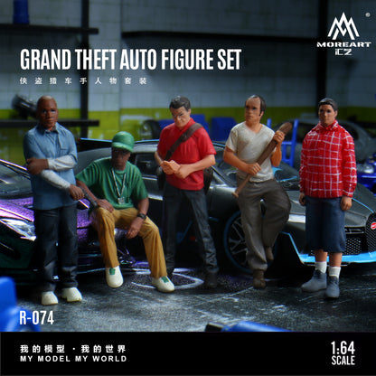 Set of five action figures from 'Grand Theft Auto' in front of a car, with branding visible.