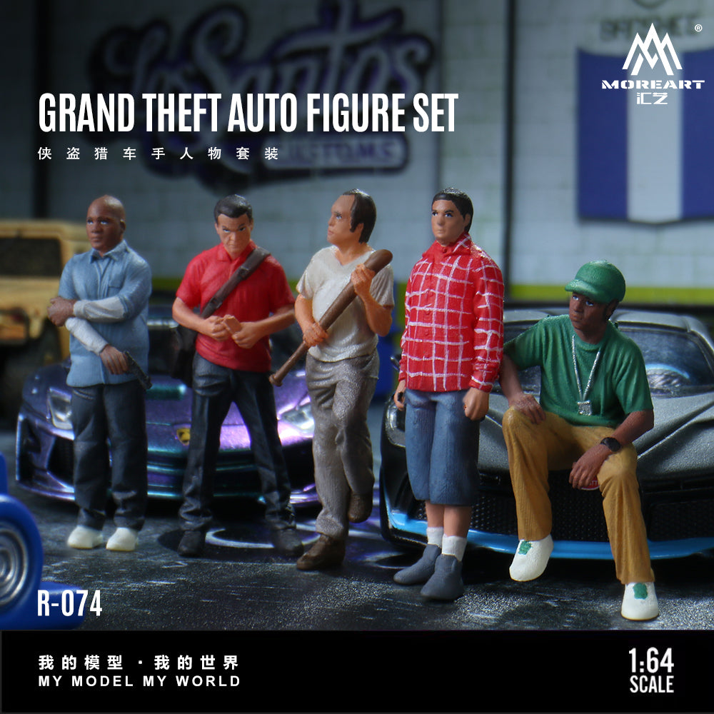 Figure set of characters from Grand Theft Auto in front of a car with branding and scale information.