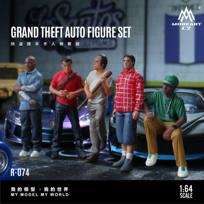 Figure set of characters from Grand Theft Auto in front of a car with branding and scale information.