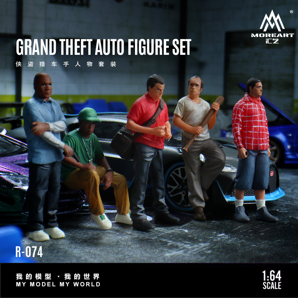 Model figure set of characters from 'Grand Theft Auto' in front of a car, with 'Moreart' branding.