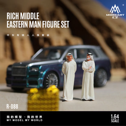 Two figurines in traditional attire standing in front of a luxury car with 'MoreArt' branding.