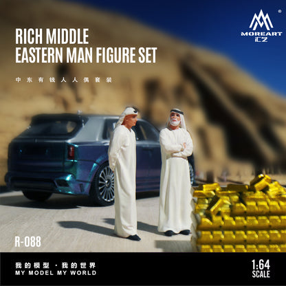 Model figure set of two rich Middle Eastern men with a car and gold bars in the background, featuring the brand 'MoreArt'.