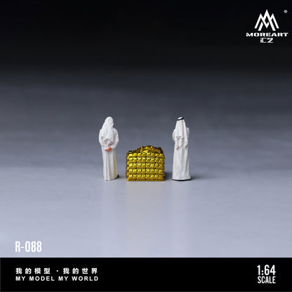 Two white figures standing on a gray surface with a gold block between them, branded 'MOREART CZ'.
