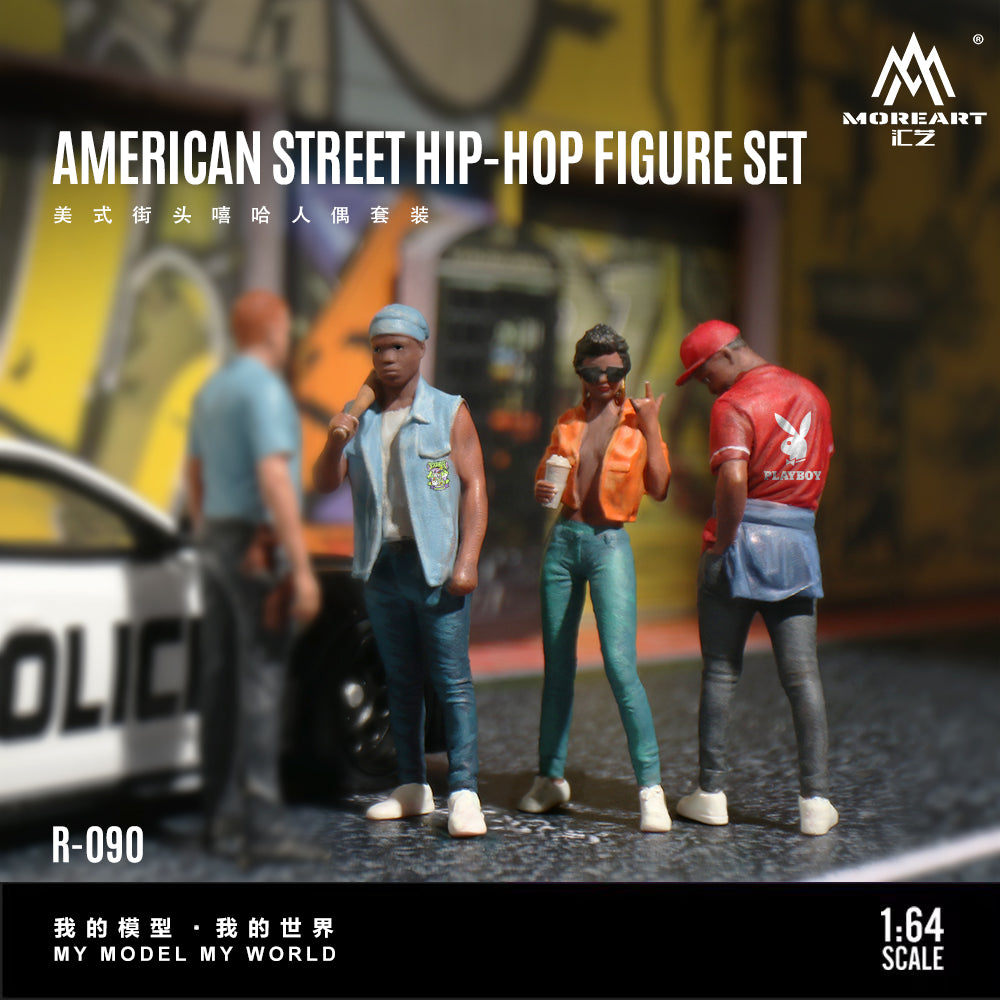 Model figure set of four people in street hip-hop attire with a police car and graffiti background, brand 'MoreArt' visible.