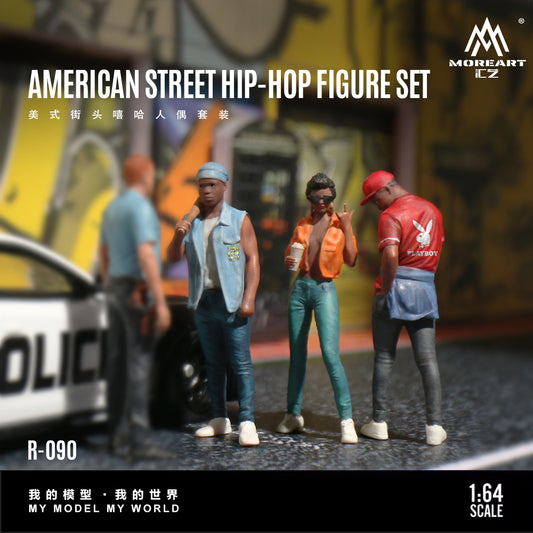 Model figure set of four people in street hip-hop attire with a police car and graffiti background, brand 'MoreArt' visible.