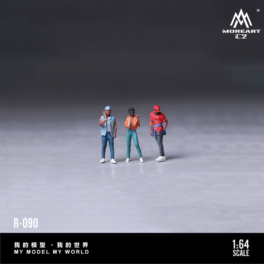 Model figures of three people in street fashion, featuring the brand 'MoreArt'.