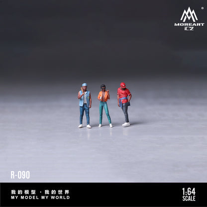 Model figures of three people in street fashion, featuring the brand 'MoreArt'.