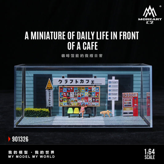 Model of a miniature scene in front of a cafe with people and a vending machine, featuring the brand 'MoreArt'.