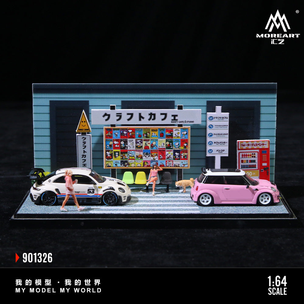 Model cafe scene with cars and people, featuring MOREART CZ branding.