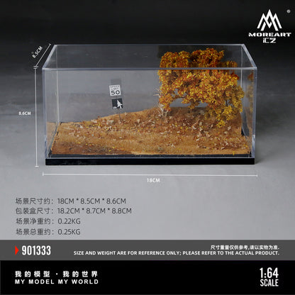Model landscape with tree inside a clear box, featuring dimensions and branding.