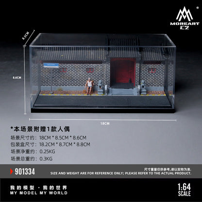 Model scene with a building and figures, featuring dimensions and branding.