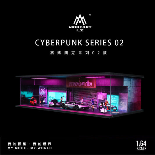 A 1:64 scale diorama from MoreArt's Cyberpunk Series 02, featuring a model of a store with detailed interior and neon lighting, but without cars or figures.