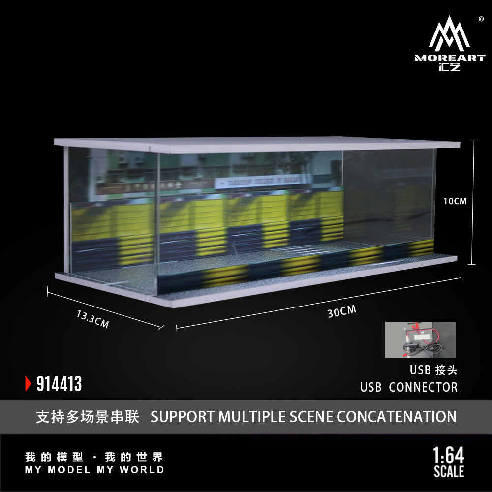 Model display case with dimensions (13.3cm x 30cm x 10cm) and USB connector for scene integration. Text reads "Support Multiple Scene Concatenation."