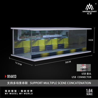 Model display case with dimensions (13.3cm x 30cm x 10cm) and USB connector for scene integration. Text reads "Support Multiple Scene Concatenation."