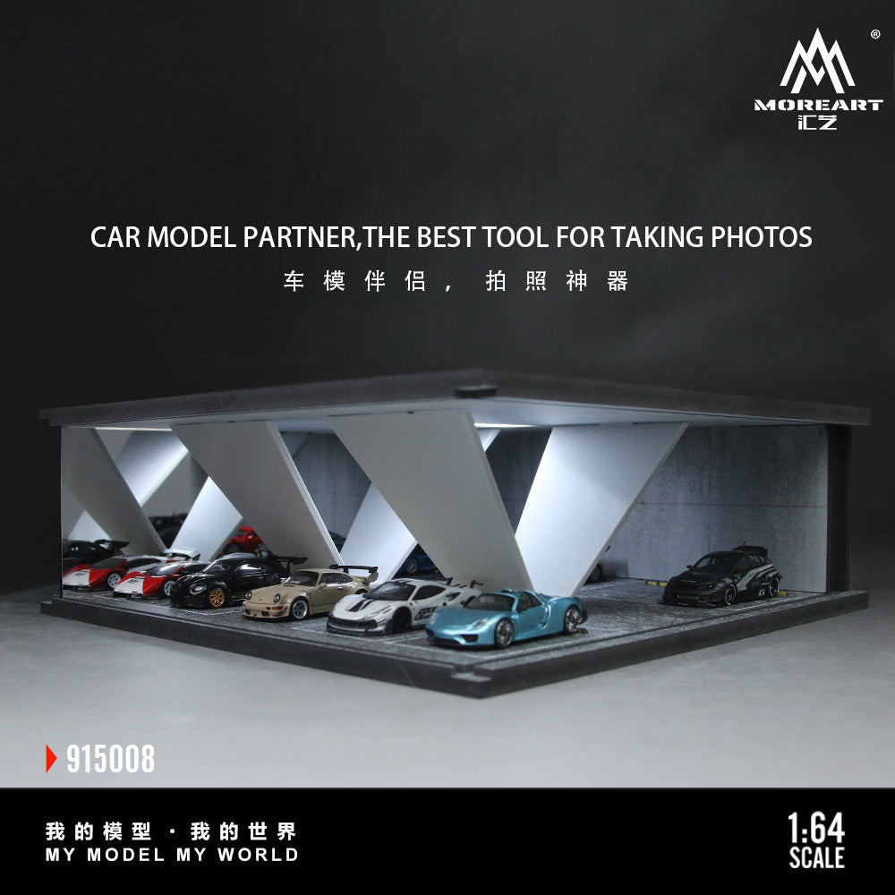 Model car display case with multiple cars inside, featuring MOREART branding.