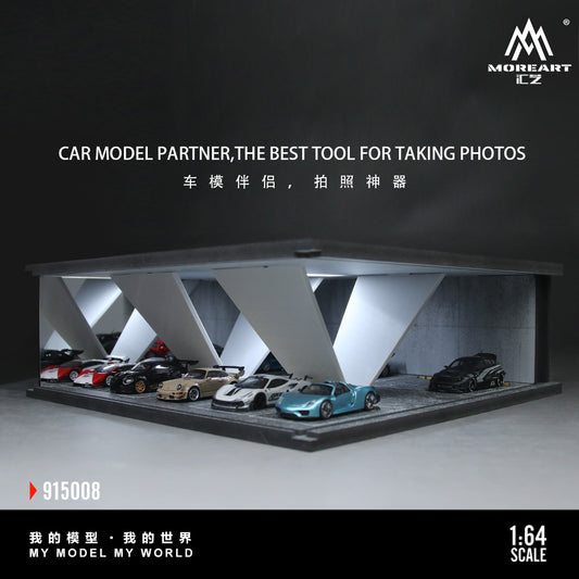 Model car display case with multiple cars inside, featuring MOREART branding.