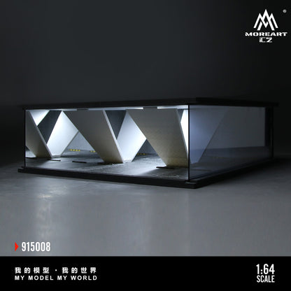 Model of a geometric architectural structure with a dark background, featuring the brand 'MOREART'.