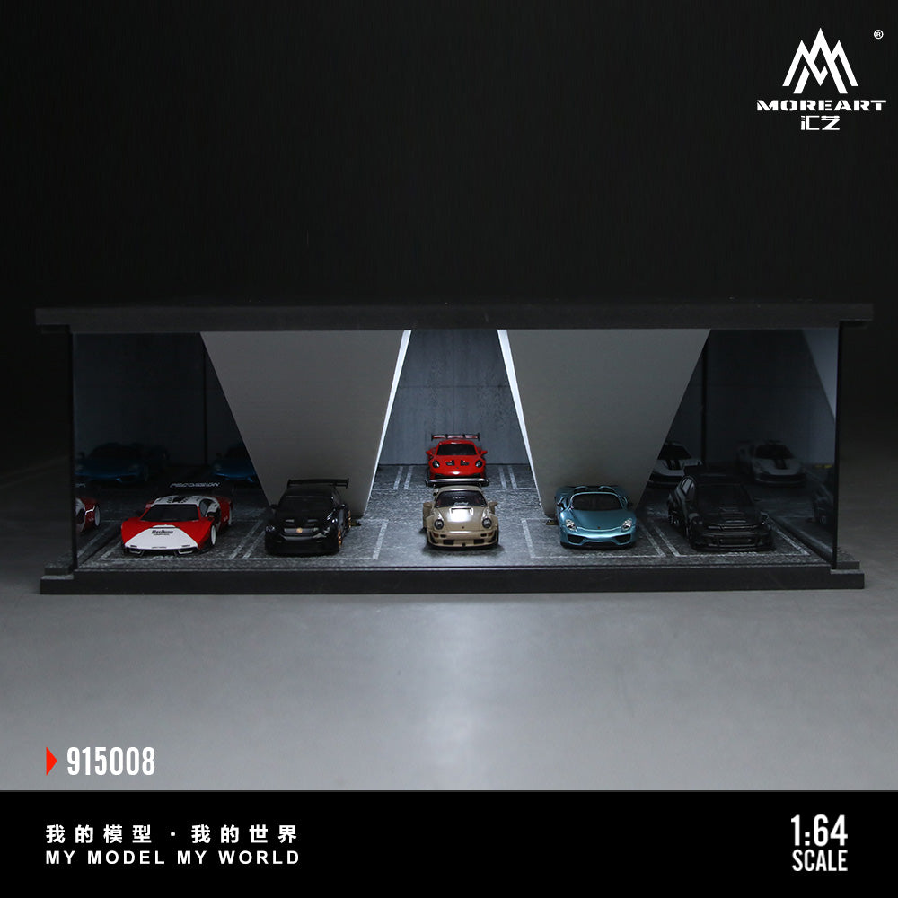 Model car garage display with multiple cars inside, featuring the MoreArt CZ brand.