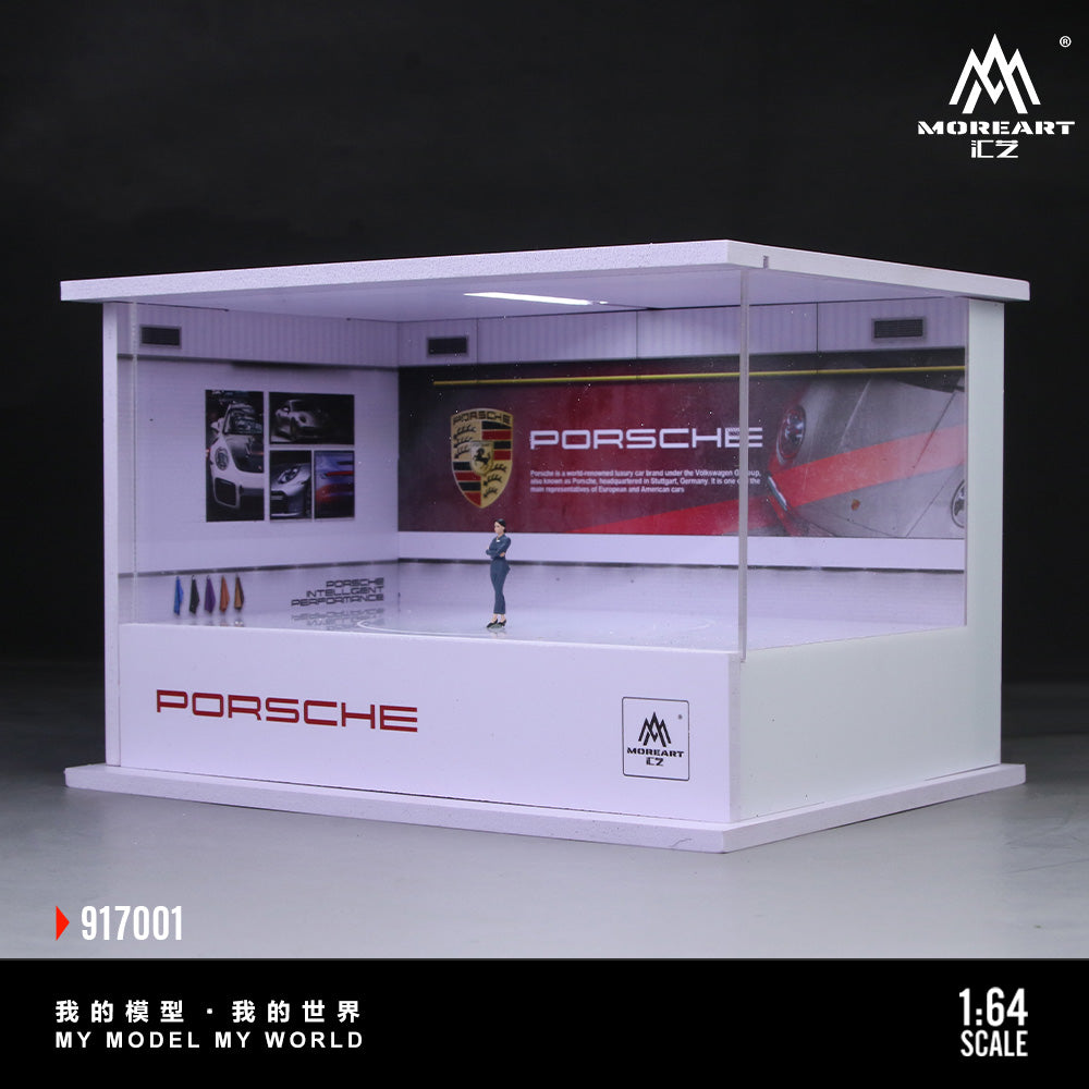 Model Porsche display case with Porsche logo and branding
