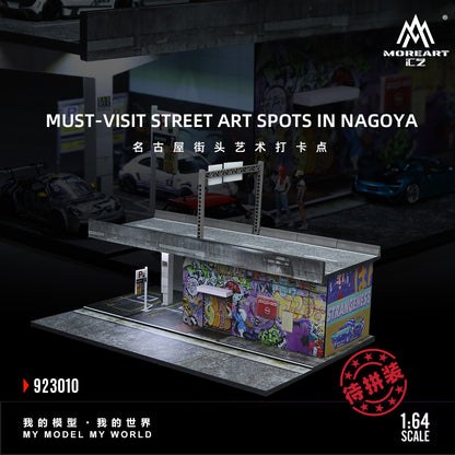 Must-visit street art spots in Nagoya, featuring a model of a graffiti-covered wall.