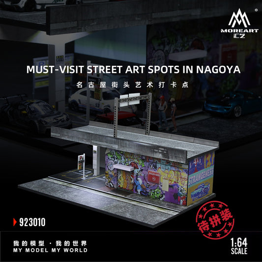 Must-visit street art spots in Nagoya, featuring a model of a graffiti-covered wall.