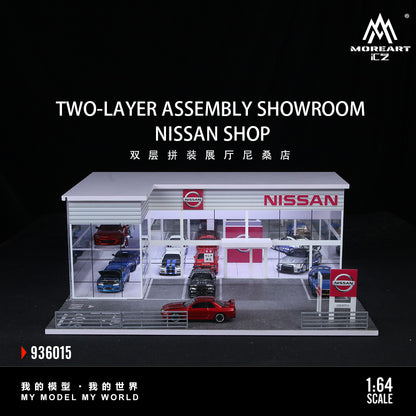 Model of a two-layer Nissan showroom with cars displayed on a black background, featuring the brand 'MoreArt'.