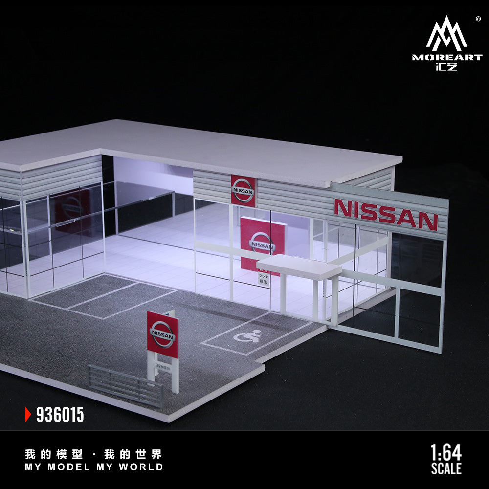 Model of a Nissan dealership with clear glass windows and a black background.