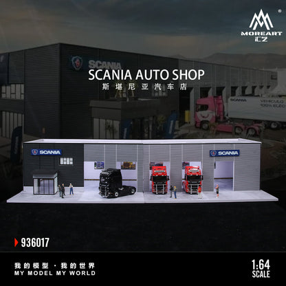 Model of a Scania auto shop with trucks and people, featuring the MoreArt brand.