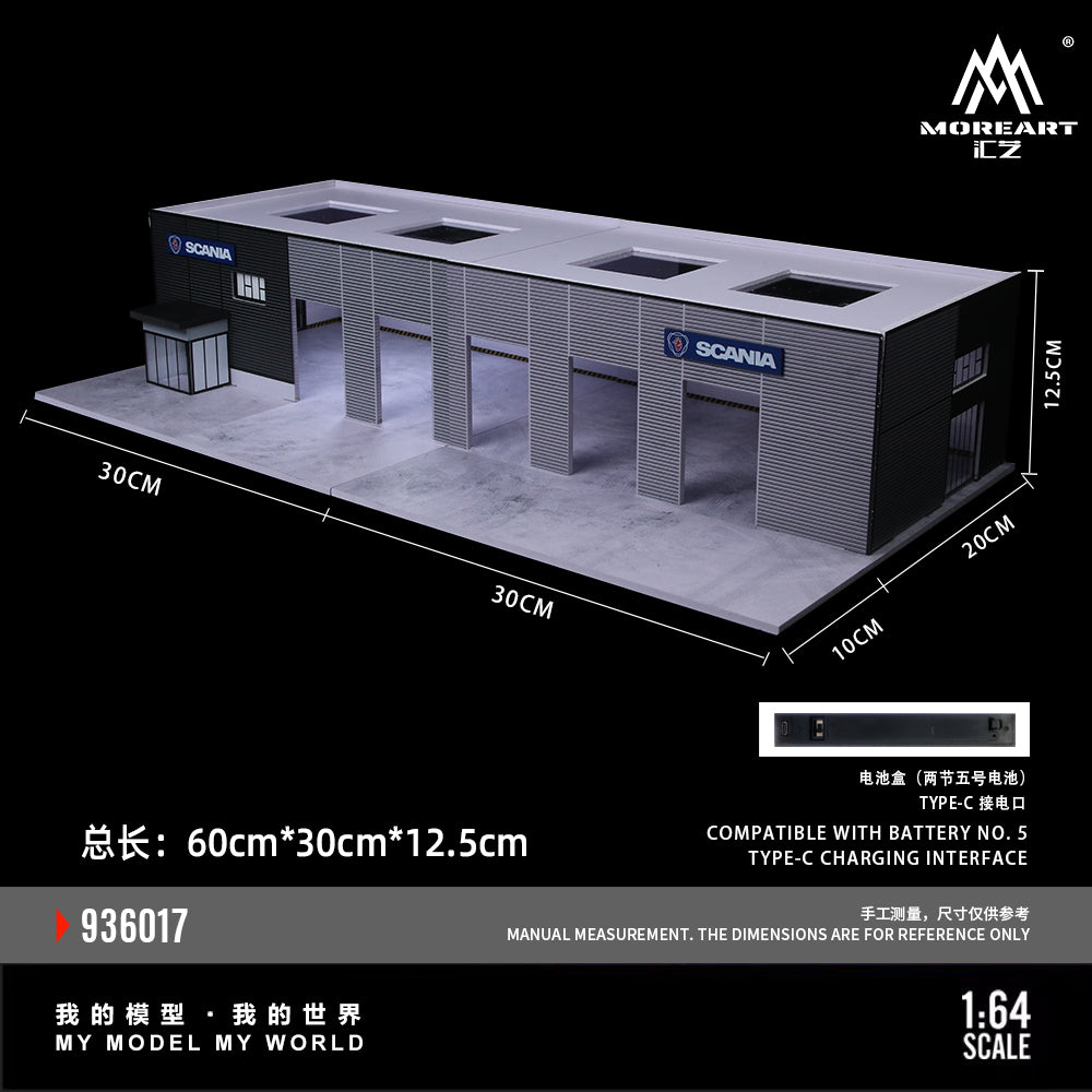 Model of a Scania building with dimensions and branding on a black background