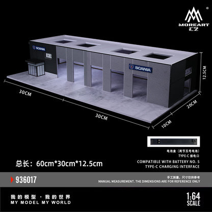 Model of a Scania building with dimensions and branding on a black background