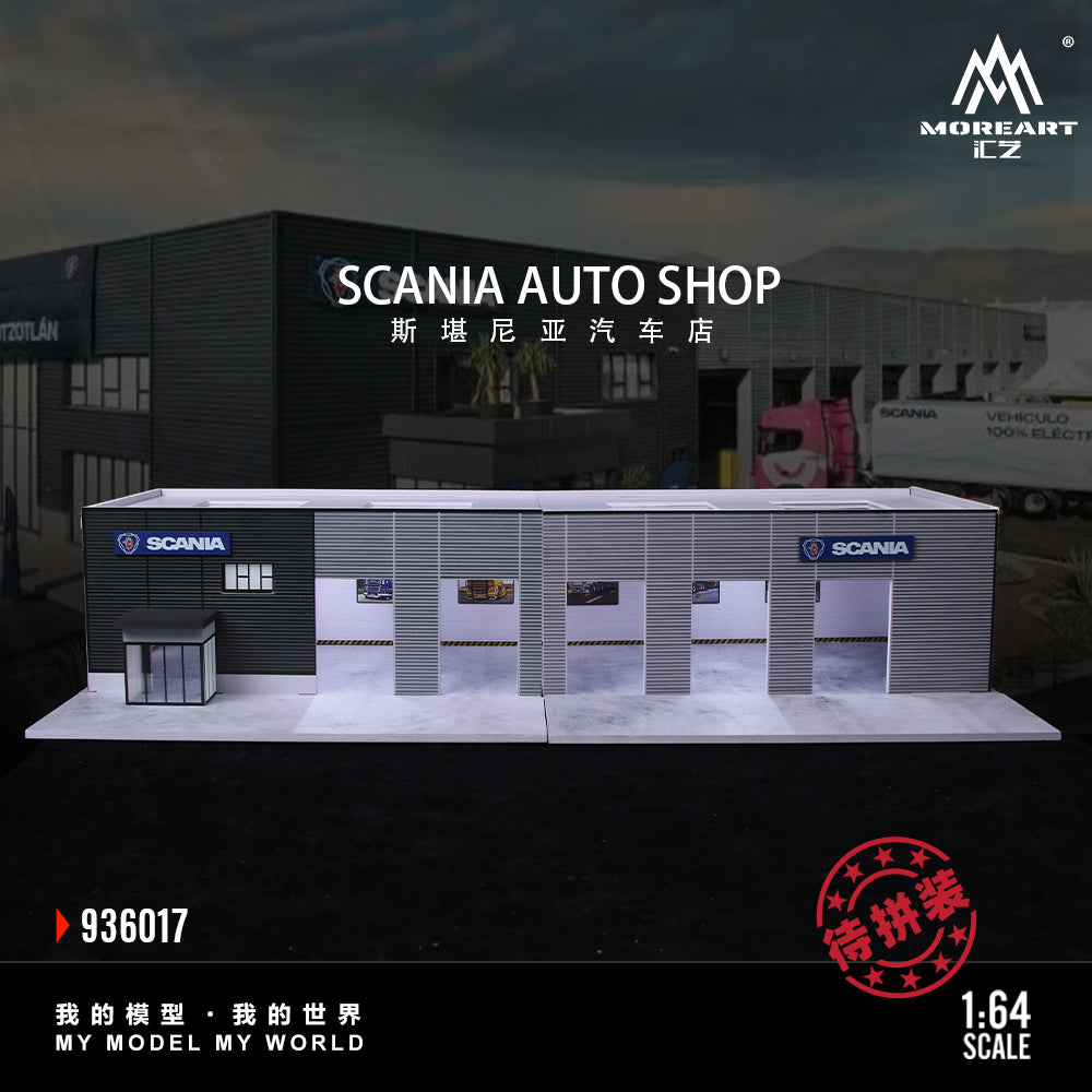 Model of a Scania auto shop with branding and scale information.