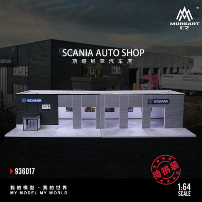 Model of a Scania auto shop with branding and scale information.