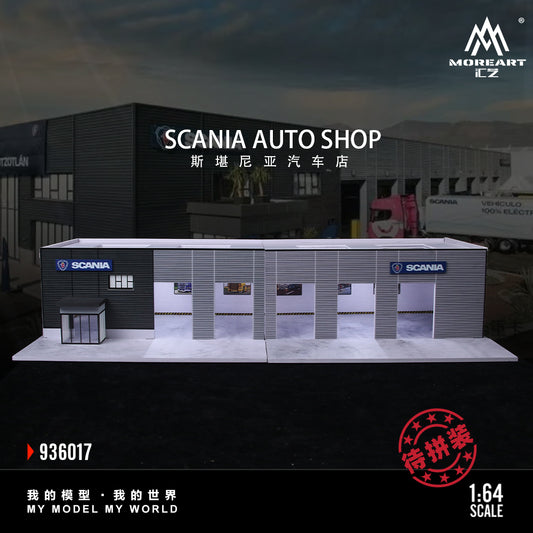 Model of a Scania auto shop with branding and scale information.