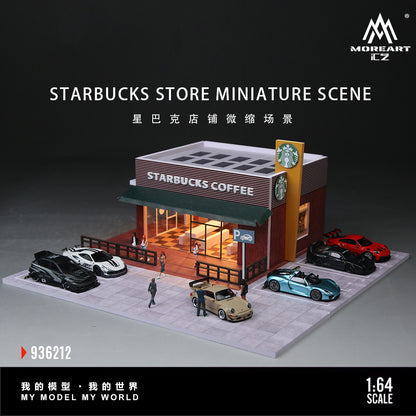 Model of a Starbucks store with miniature cars and people, featuring the Moreart brand.