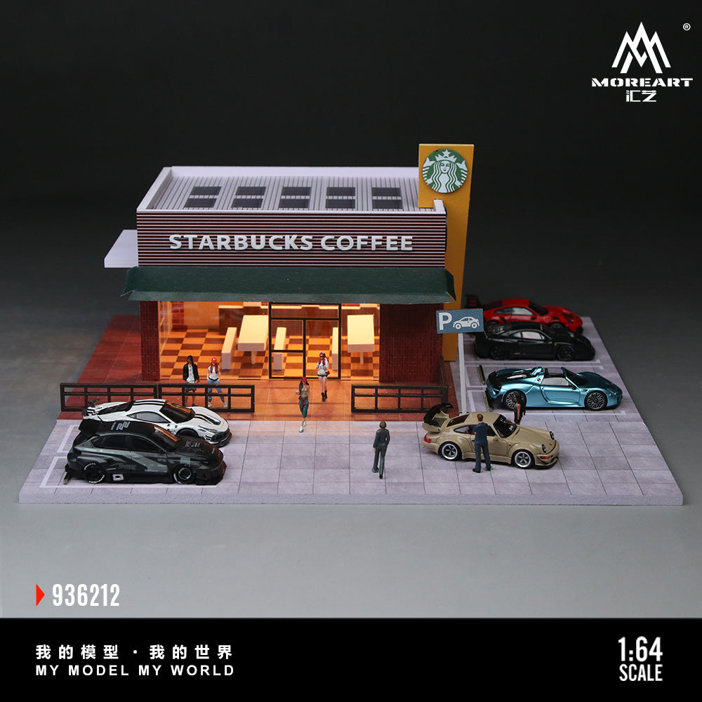 Model of a Starbucks coffee shop with cars and people, featuring the Moreart brand.