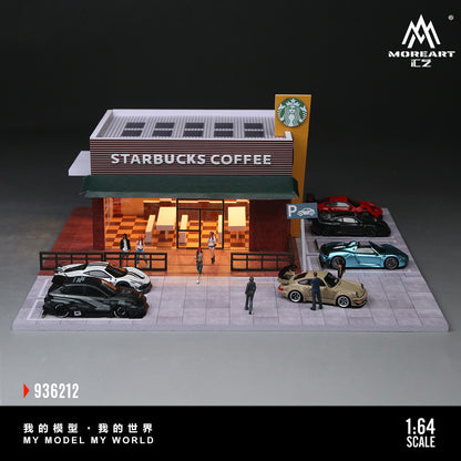 Model of a Starbucks coffee shop with cars and people, featuring the Moreart brand.