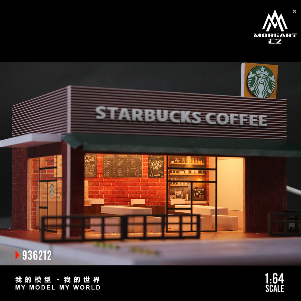 Model of a Starbucks Coffee shop with detailed interior and exterior, featuring the Moreart CZ logo.