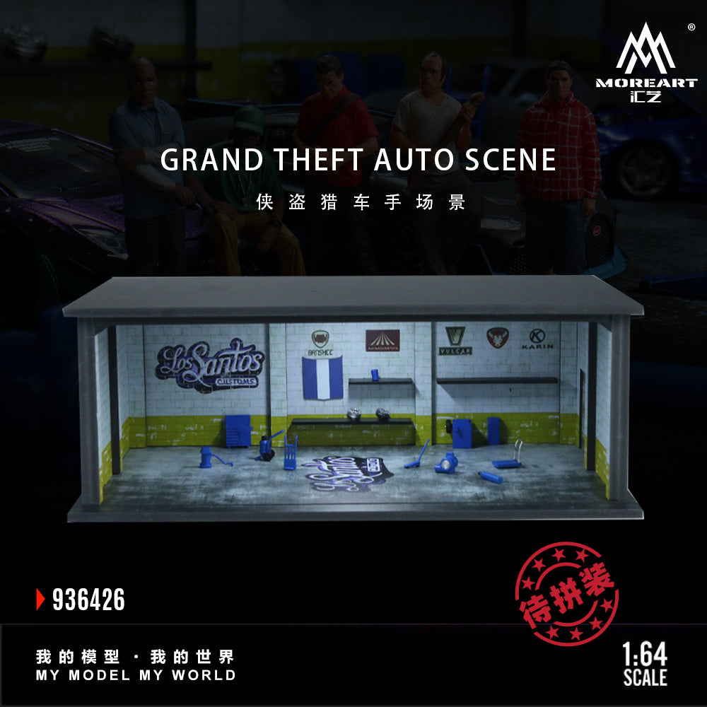 Model of a Grand Theft Auto scene with 'Los Santos' branding, surrounded by people in a dark setting.
