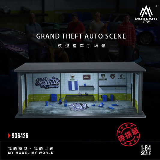 Model of a Grand Theft Auto scene with 'Los Santos' branding, surrounded by people in a dark setting.