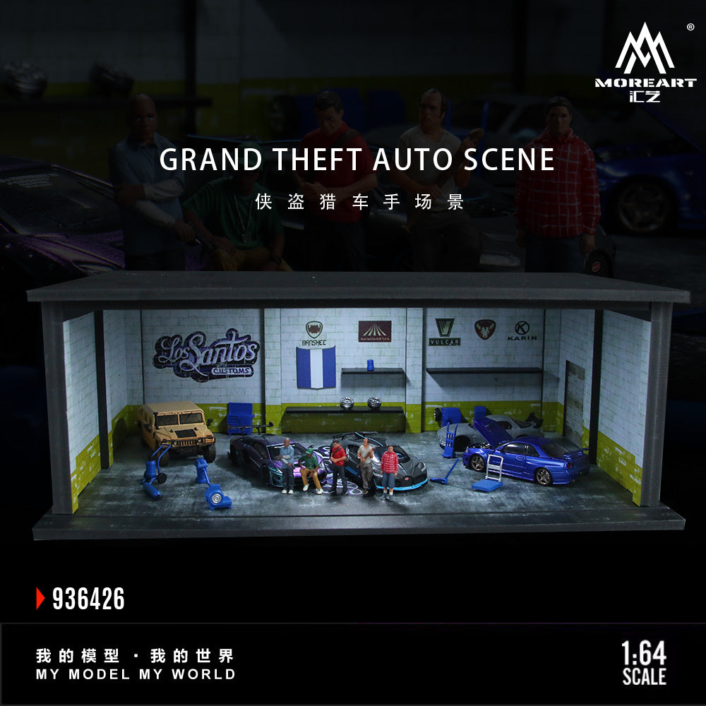 Model garage scene with cars and people, featuring the brand 'MoreArt'.