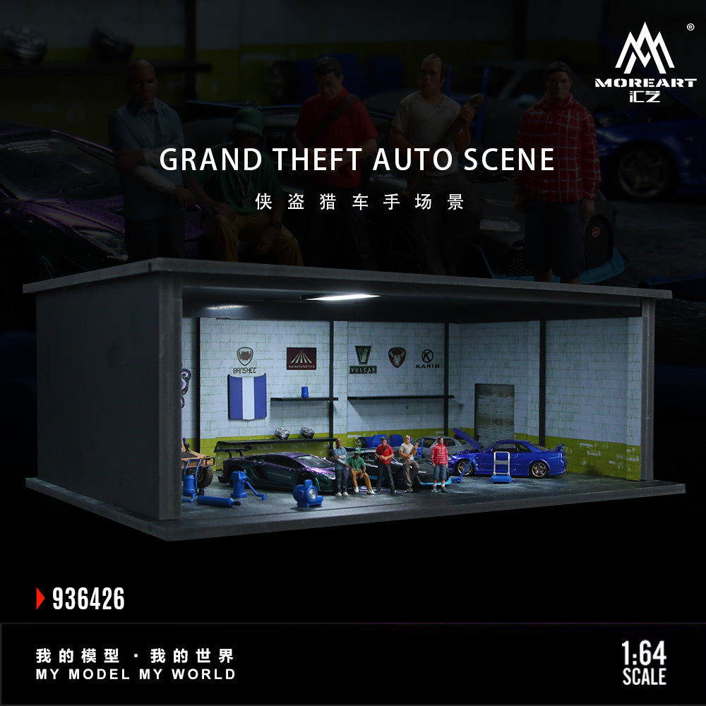 Model of a Grand Theft Auto scene with characters and cars, featuring the brand 'MoreArt'.