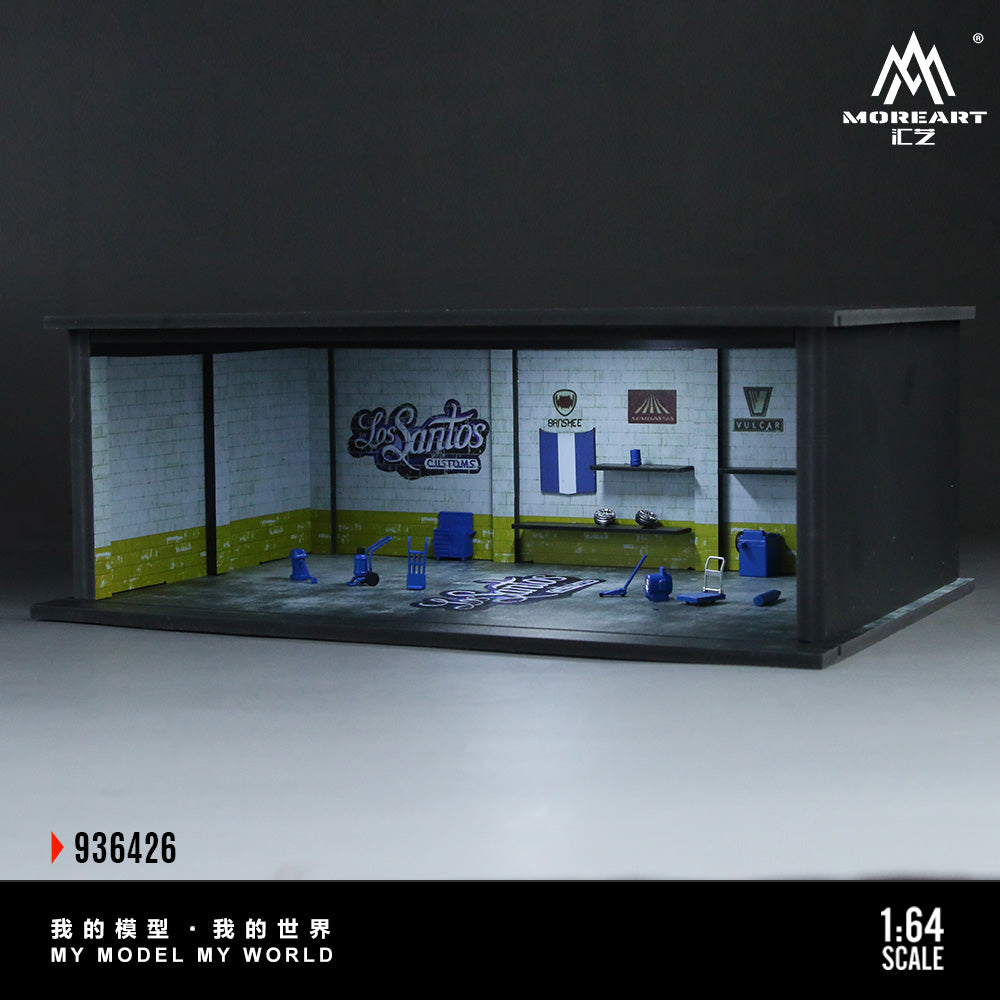 Model of a garage interior with various details and branding on a dark background.