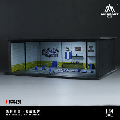 Model of a garage interior with various details and branding on a dark background.