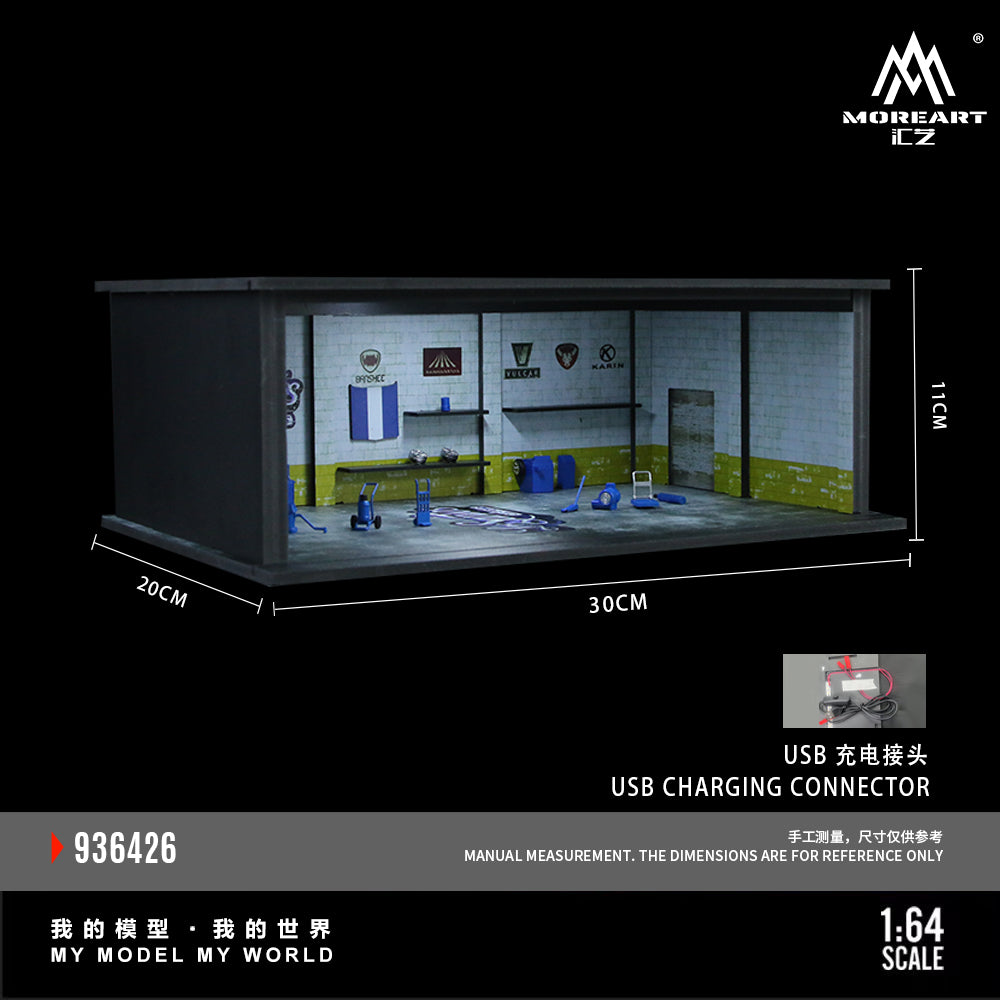 Model room setup with dimensions and USB charging connector on a black background