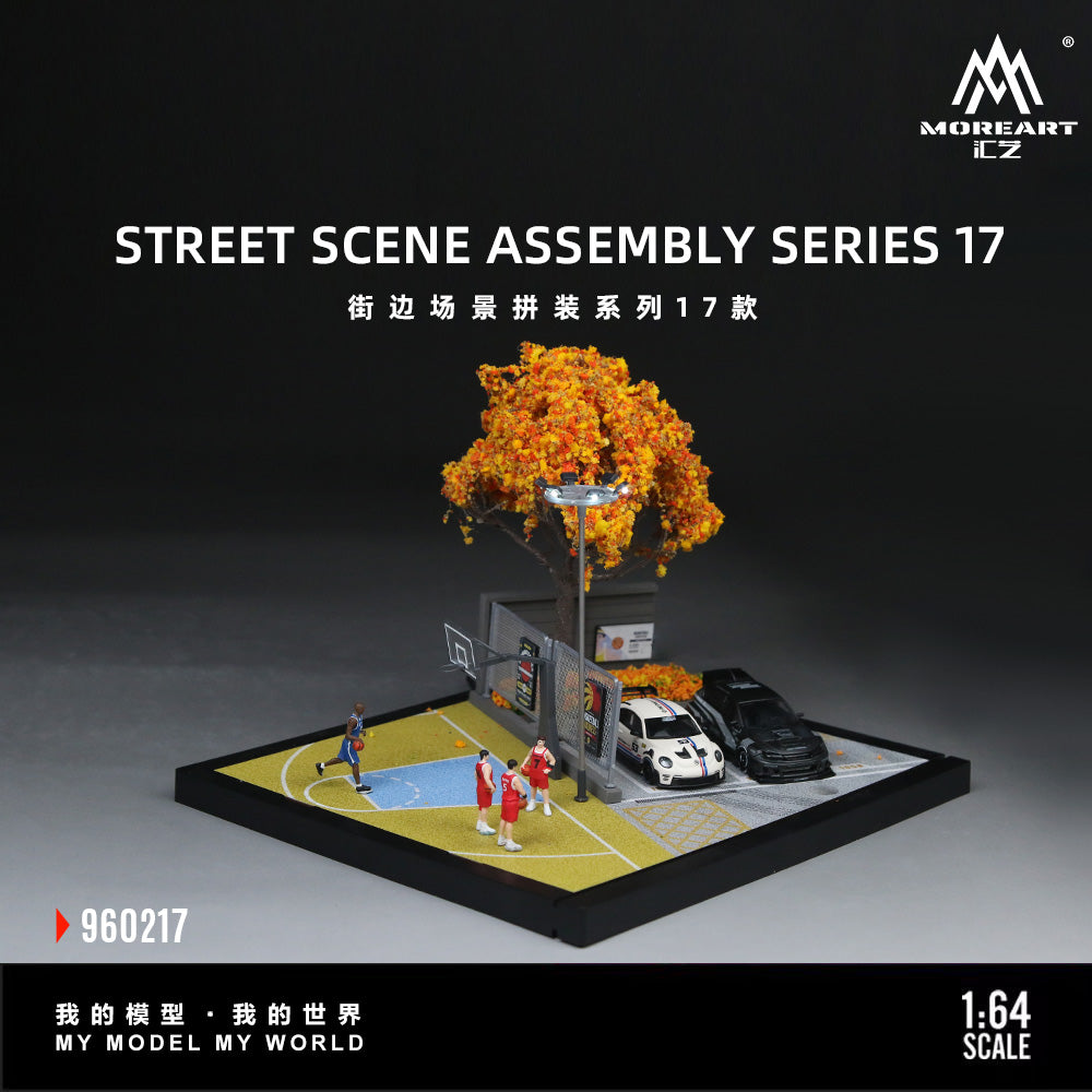 Model street scene with basketball court, cars, and people under a tree, featuring MOREART ICZ branding.