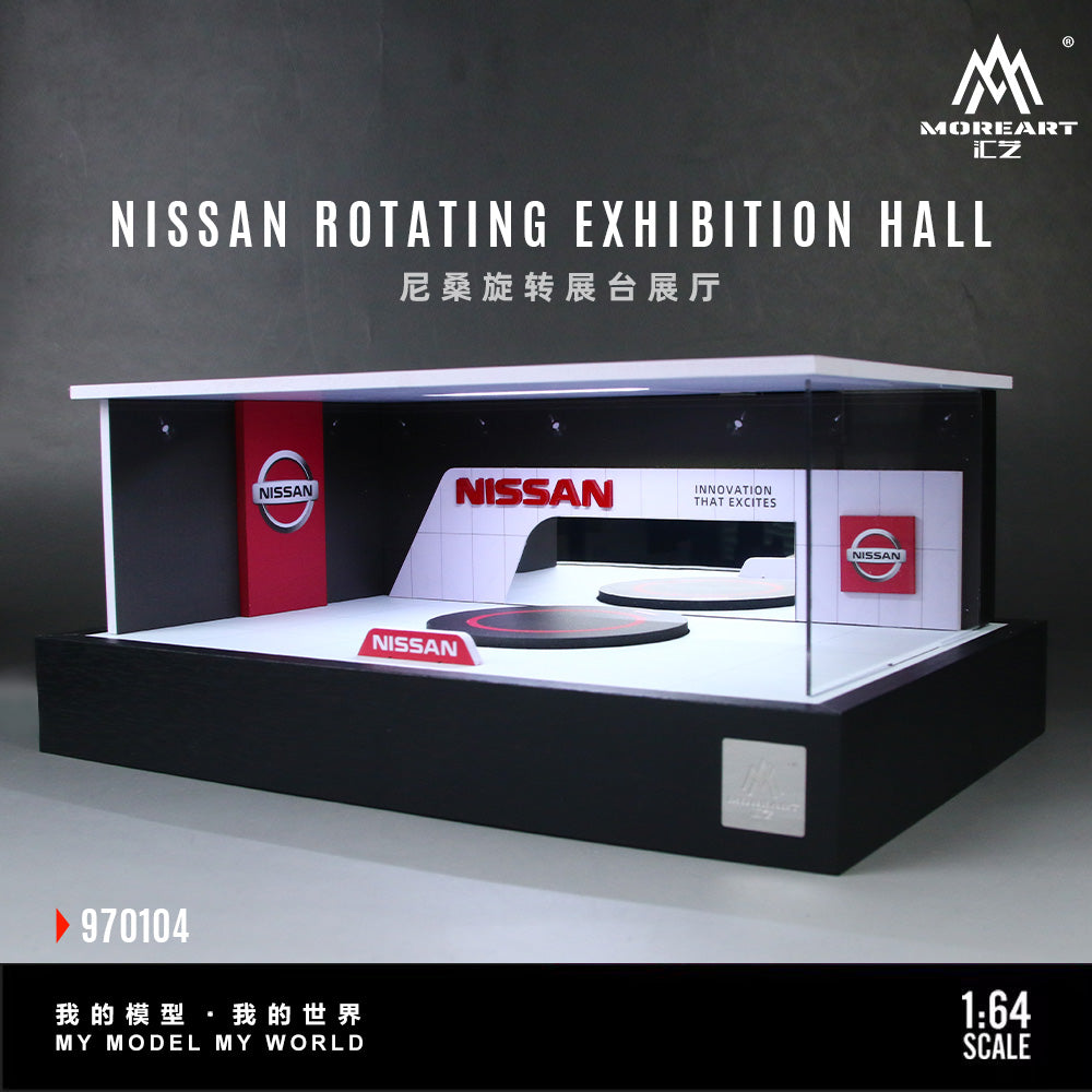 Model of a Nissan rotating exhibition hall with branding on a gray background